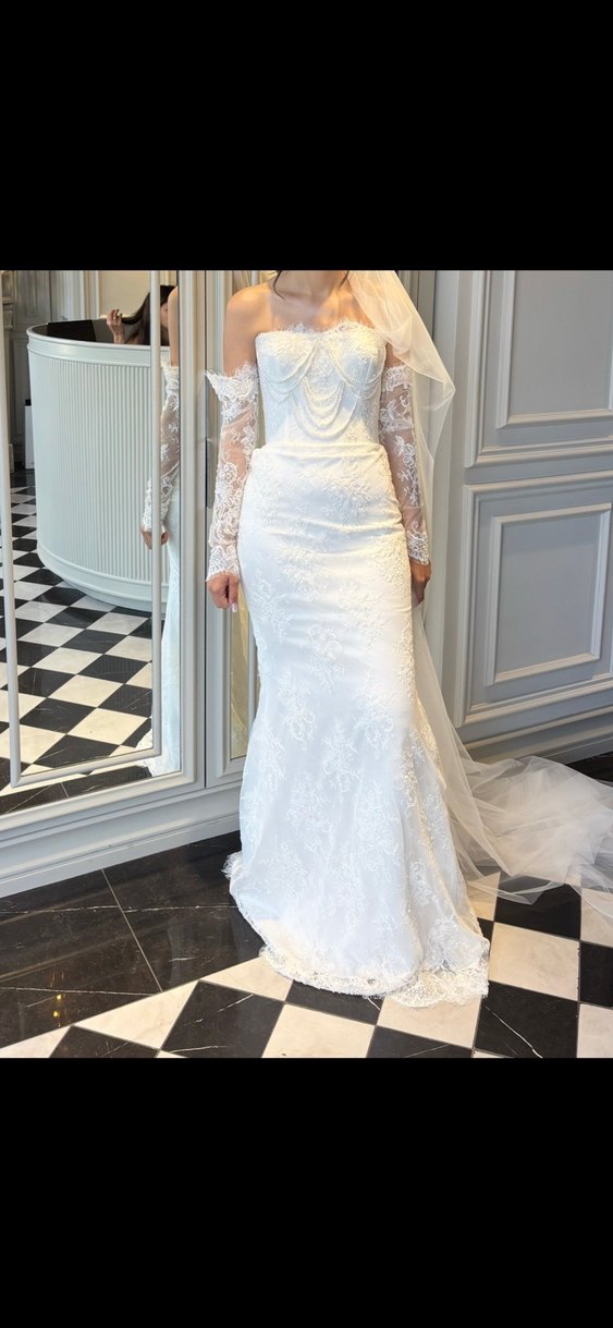 Dantel İşlemeli Uzun Kollu Beyaz Denizkızı Gelinlik - Görsel 5