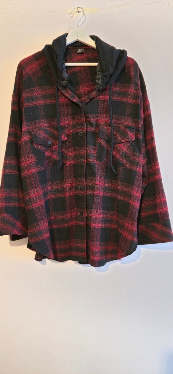 Asli Marka Bordo Ekoseli Uzun Kollu Kapusonlu Kadın Gömlek - Görsel 2