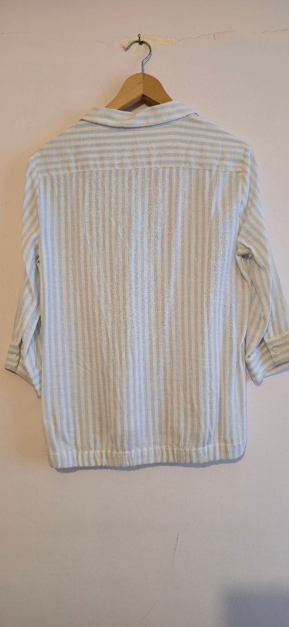 Düğmeli Yarim Kollu Cizgili Kadın Gömlek - Görsel 2