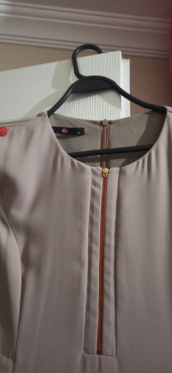 SEÇİL Marka Bej Renkte Turuncu Detaylı Uzun Kollu Kadın Elbise - Görsel 2