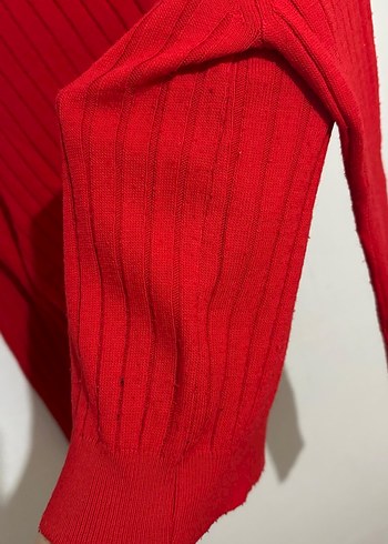 Kırmızı V Yaka Uzun Kollu Triko Kadın Kazak - Görsel 3