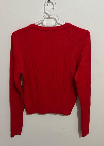 Kırmızı V Yaka Uzun Kollu Triko Kadın Kazak - Görsel 2