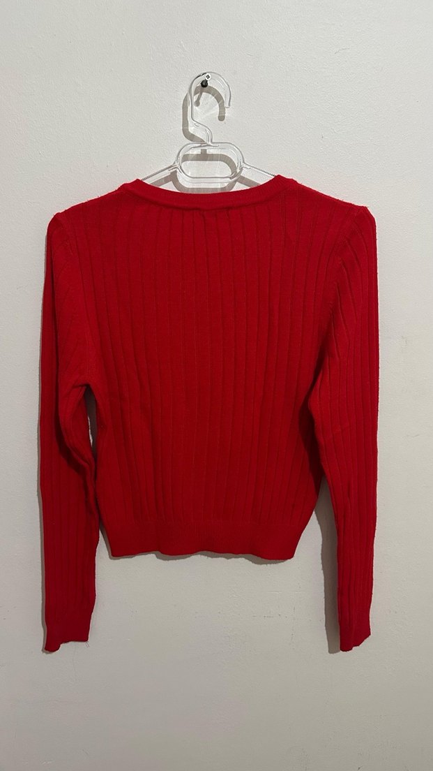 Kırmızı V Yaka Uzun Kollu Triko Kadın Kazak - Görsel 2