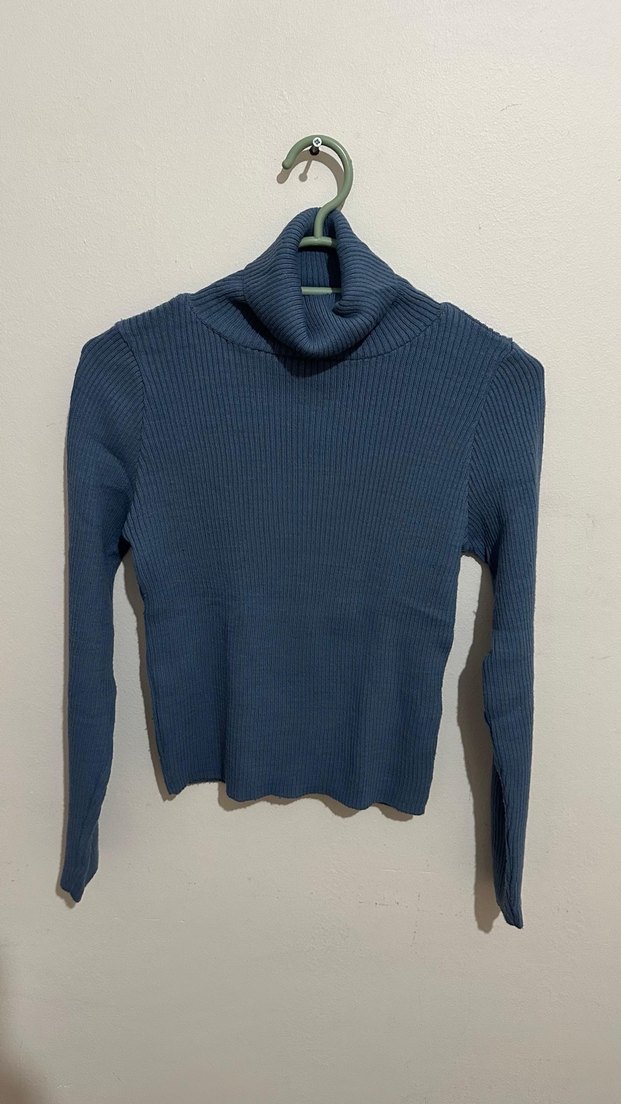 Mavi Boğazlı İnce Triko Kadın Kazak - Görsel 2