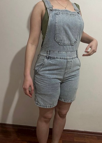 Gri Kadın Kot Kısa Tulum - Görsel 3