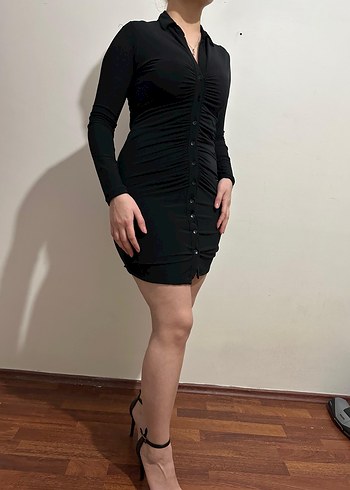 Siyah Mini V Yaka Dar Kesim Elbise - Görsel 2