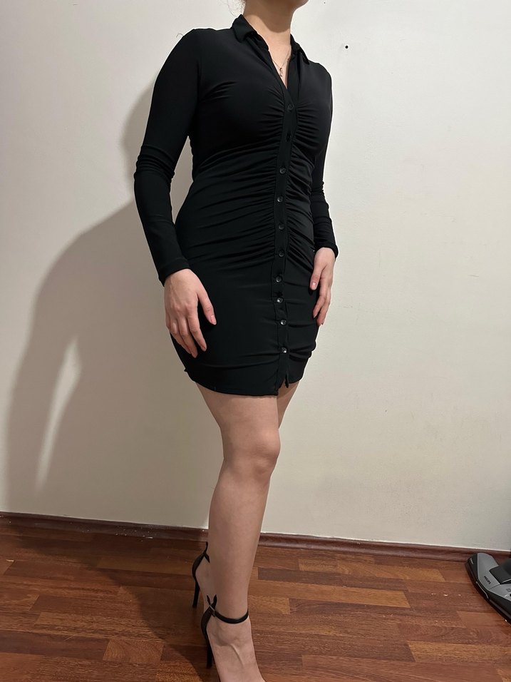 Siyah Mini V Yaka Dar Kesim Elbise - Görsel 2