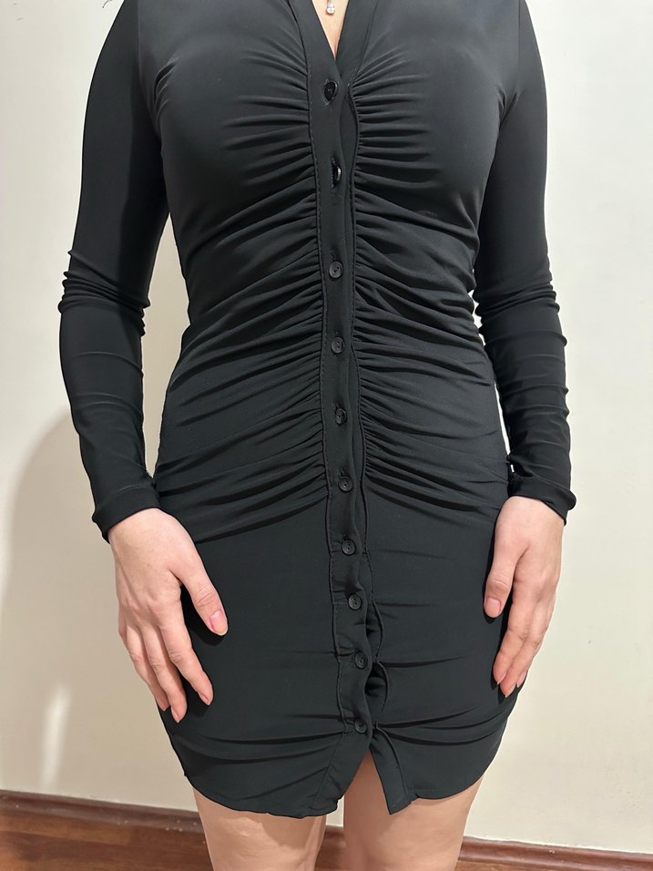 Siyah Mini V Yaka Dar Kesim Elbise - Görsel 3