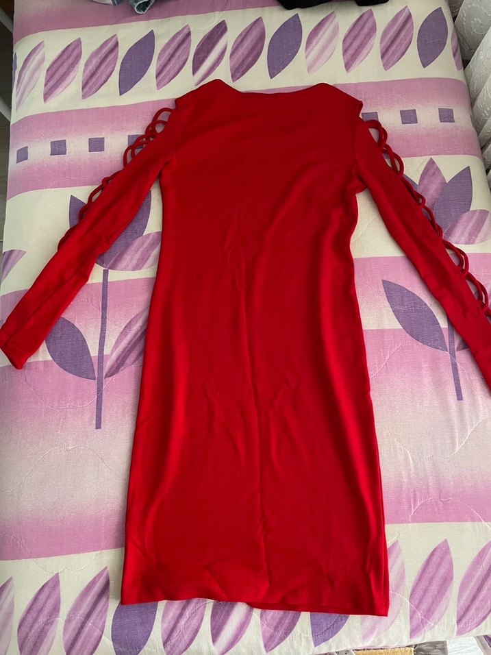 Kırmızı Uzun Kollu Kadın Abiye Elbise - Görsel 2