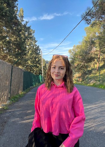 Pembe Düğmeli Keten Kadın Gömlek - Görsel 2