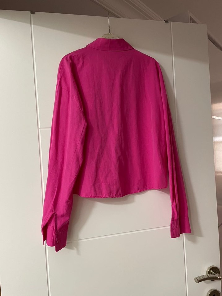 Pembe Düğmeli Keten Kadın Gömlek - Görsel 3