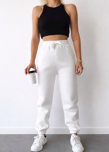 Üç İplik Basic Lastikli Eşofman Pantolon - Beyaz - Görsel 2