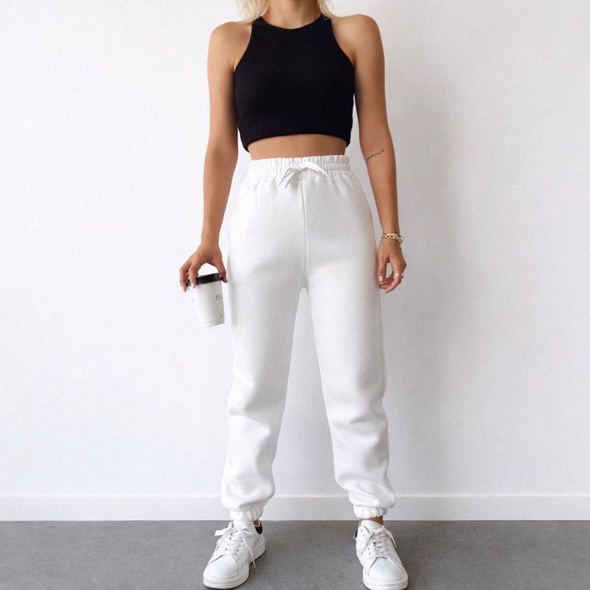 Üç İplik Basic Lastikli Eşofman Pantolon - Beyaz - Görsel 2