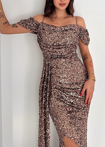 Askılı pelerinli pullu abiye elbise - Görsel 2