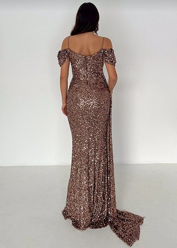 Askılı pelerinli pullu abiye elbise - Görsel 4