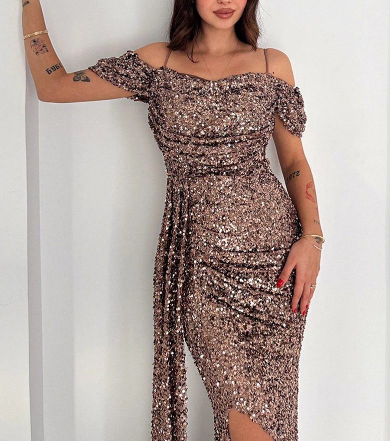 Askılı pelerinli pullu abiye elbise - Görsel 2