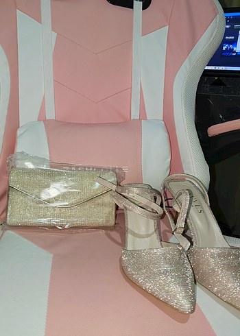 Pembe Simli Stiletto Topuklu Kadın Abiye Ayakkabı ve çanta - Görsel 2
