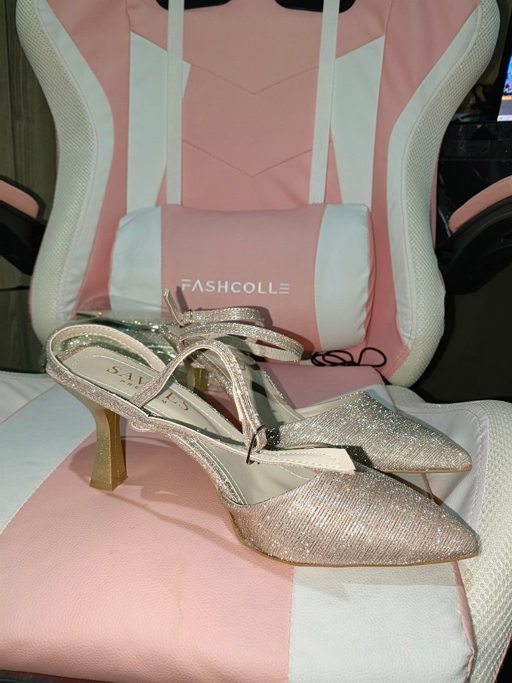 Pembe Simli Stiletto Topuklu Kadın Abiye Ayakkabı ve çanta - Görsel 3