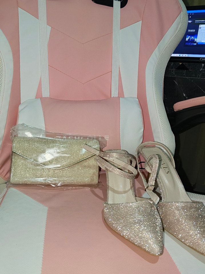 Pembe Simli Stiletto Topuklu Kadın Abiye Ayakkabı ve çanta - Görsel 2