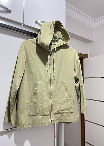 Bej Kapüşonlu Kadın Keten Ceket - Görsel 2