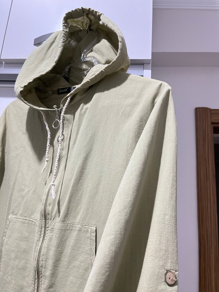 Bej Kapüşonlu Kadın Keten Ceket - Görsel 3