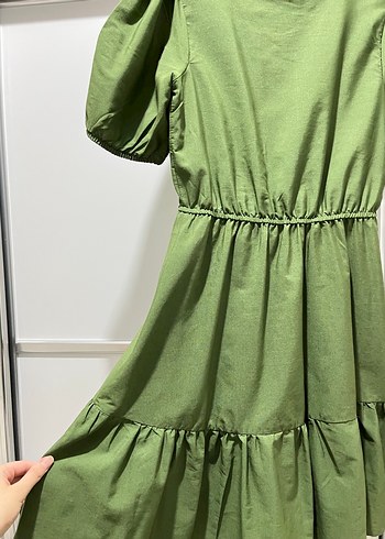Yeşil Keten Mini Elbise, Fırfırlı - Görsel 2