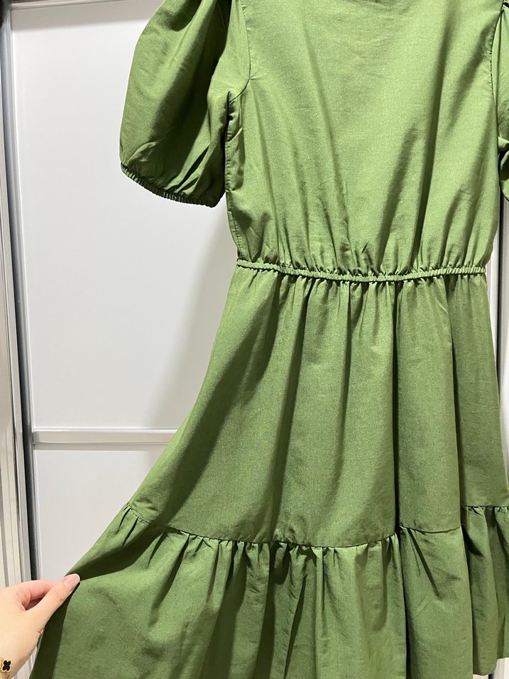 Yeşil Keten Mini Elbise, Fırfırlı - Görsel 2