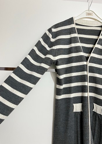 Çizgili Uzun Gri Kadın Hırka - Görsel 3