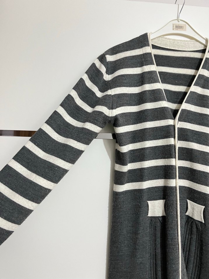 Çizgili Uzun Gri Kadın Hırka - Görsel 3