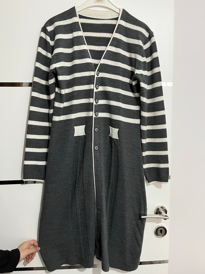 Çizgili Uzun Gri Kadın Hırka - Görsel 2