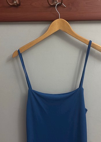 Lacivert Saten Askılı Uzun Elbise - Görsel 2