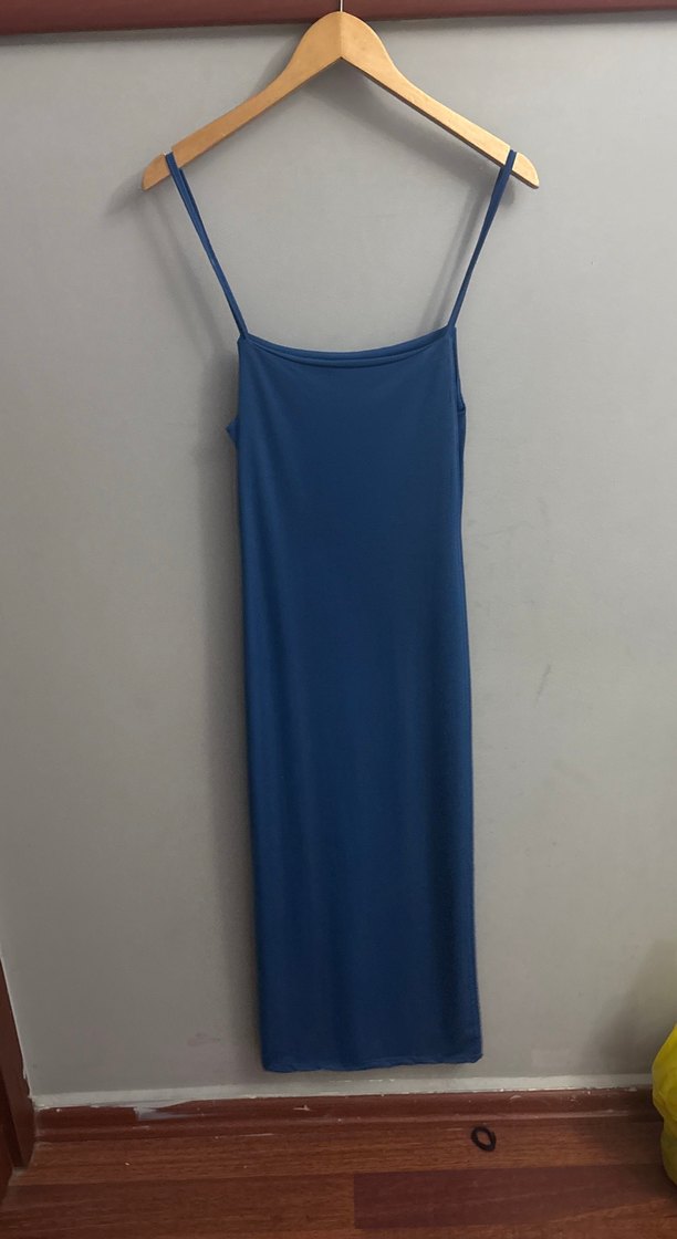 Lacivert Saten Askılı Uzun Elbise - Görsel 3