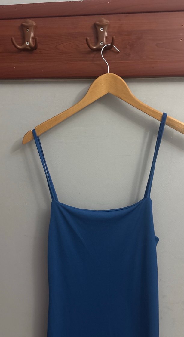 Lacivert Saten Askılı Uzun Elbise - Görsel 2