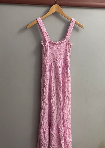 Pembe Dantel Detaylı Uzun Askılı Elbise - Görsel 3