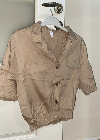 Düğmeli Bej Kısa Kollu Keten Gömlek - Görsel 2