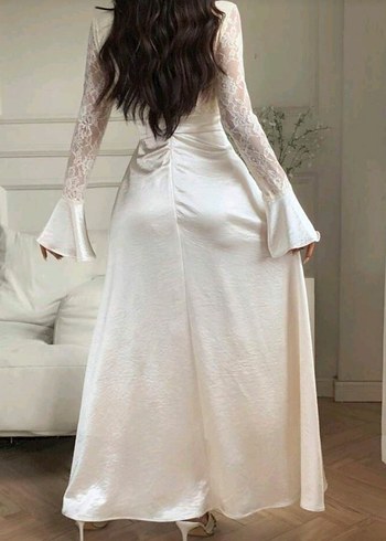 Uzun Kollu Beyaz Vintage A Kesim Tesettürlü Özel Gün Elbisesi - Görsel 2