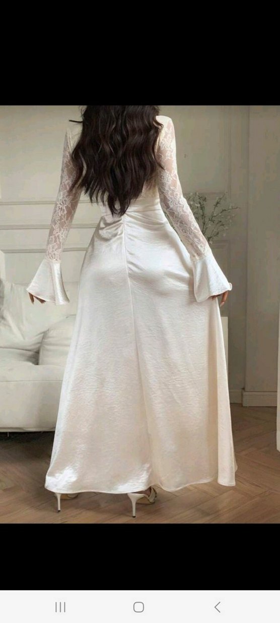 Uzun Kollu Beyaz Vintage A Kesim Tesettürlü Özel Gün Elbisesi - Görsel 2