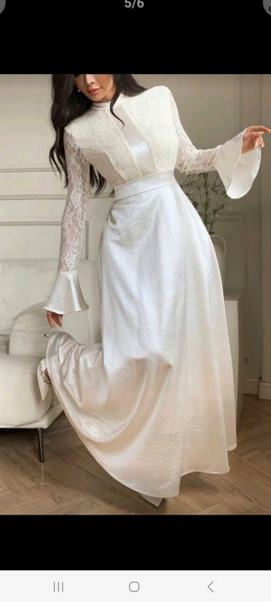 Uzun Kollu Beyaz Vintage A Kesim Tesettürlü Özel Gün Elbisesi - Görsel 3