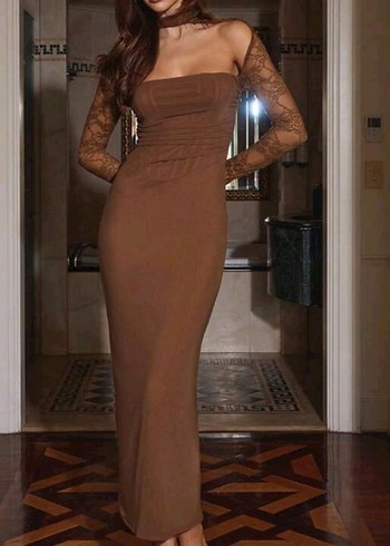 Dantelli Kahverengi Straplez Uzun Elbise - Görsel 4