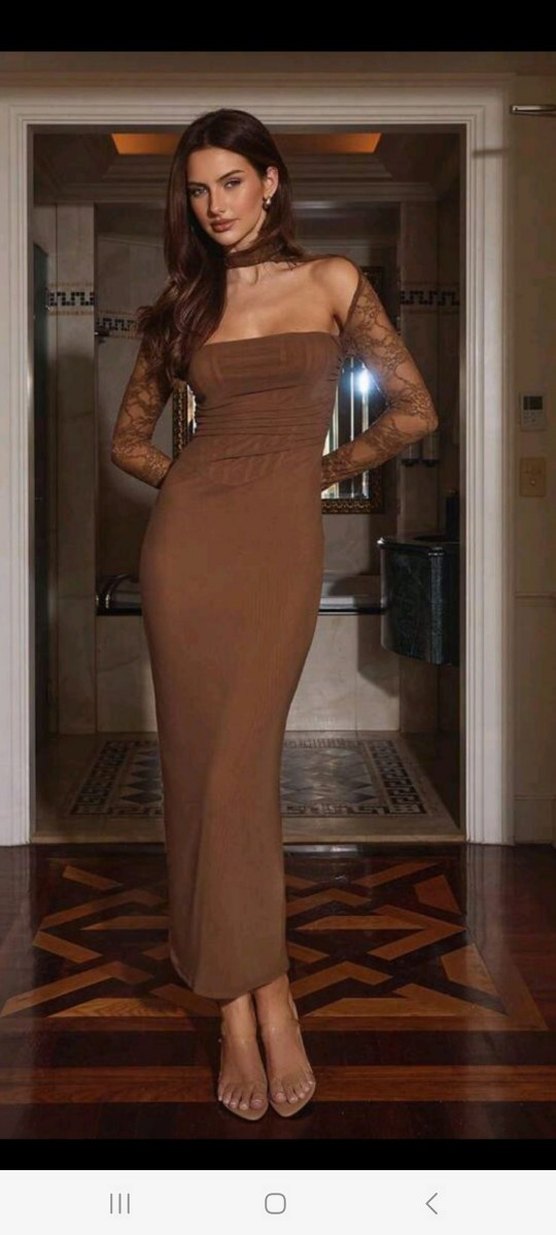 Dantelli Kahverengi Straplez Uzun Elbise - Görsel 4