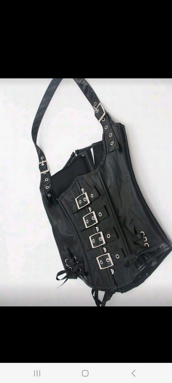 Siyah Deri Gotik Tokalı Uzun Büstiyer - Görsel 3