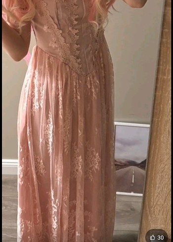 Vintage Fransız Dantelli Uzun Prenses Elbisesi - Görsel 10