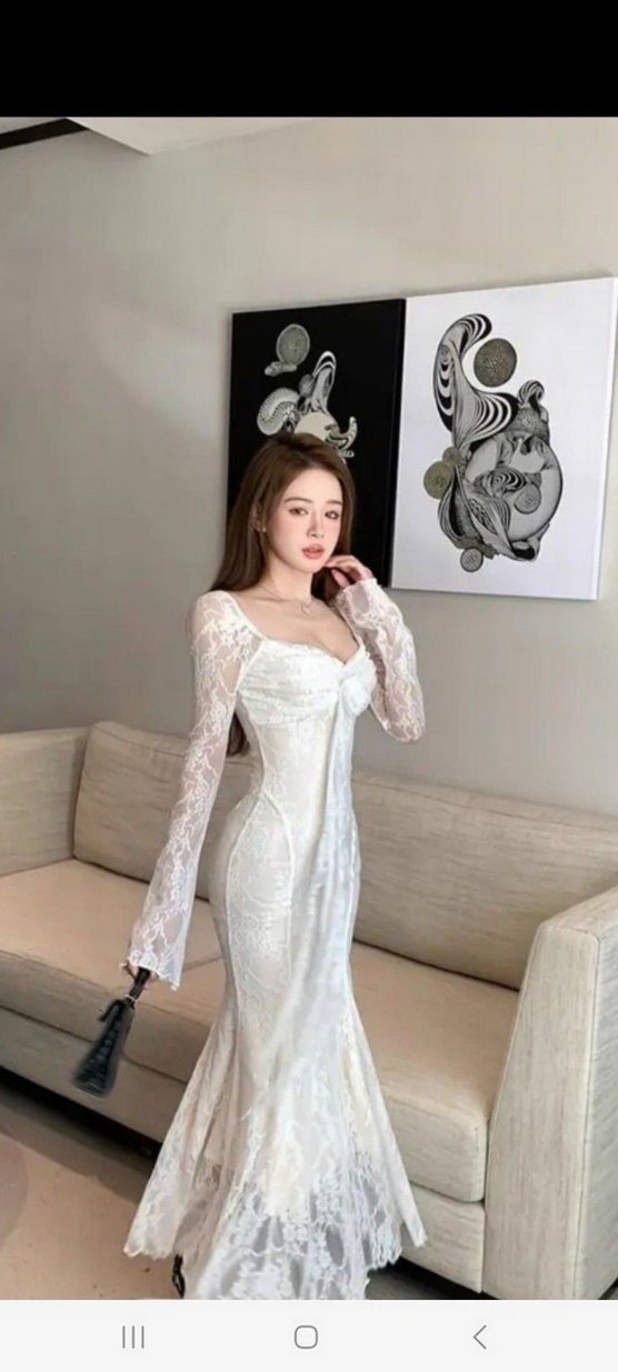 Dantel Detaylı Beyaz Uzun Kadın Elbise - Görsel 3