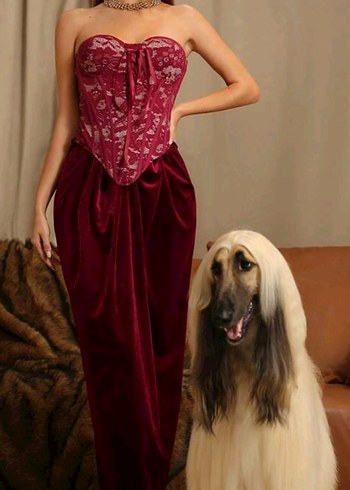 Bordo Straplez Dantel İşlemeli Korseli Vintage Elbise - Görsel 3