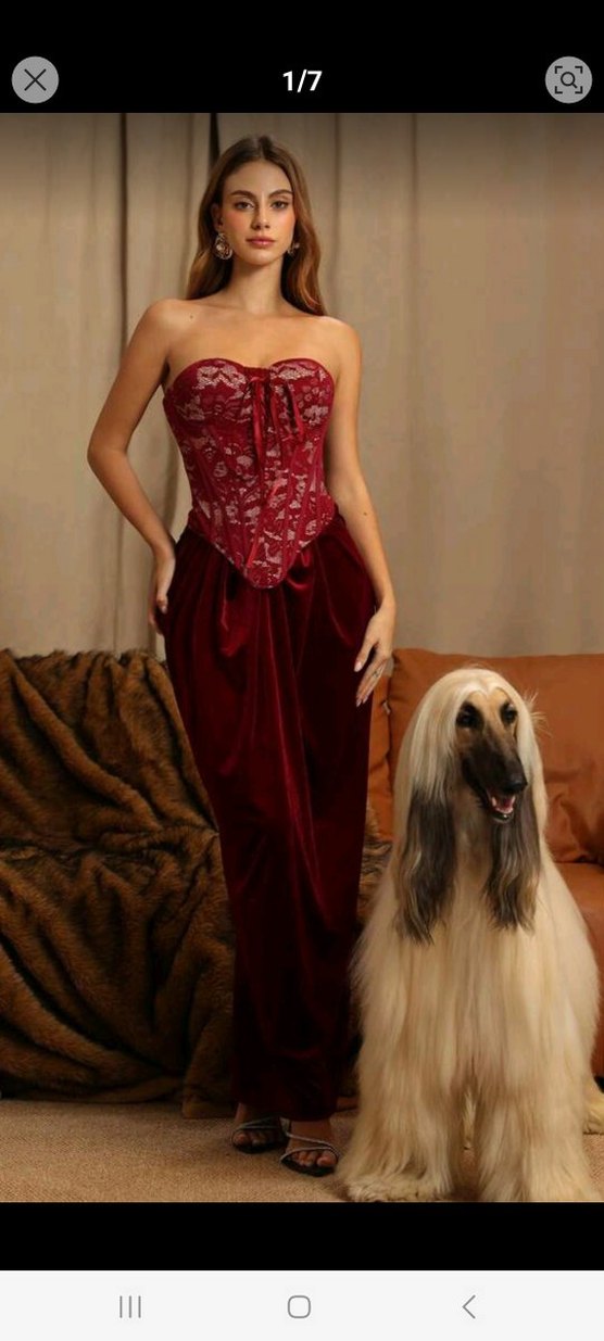 Bordo Straplez Dantel İşlemeli Korseli Vintage Elbise - Görsel 5