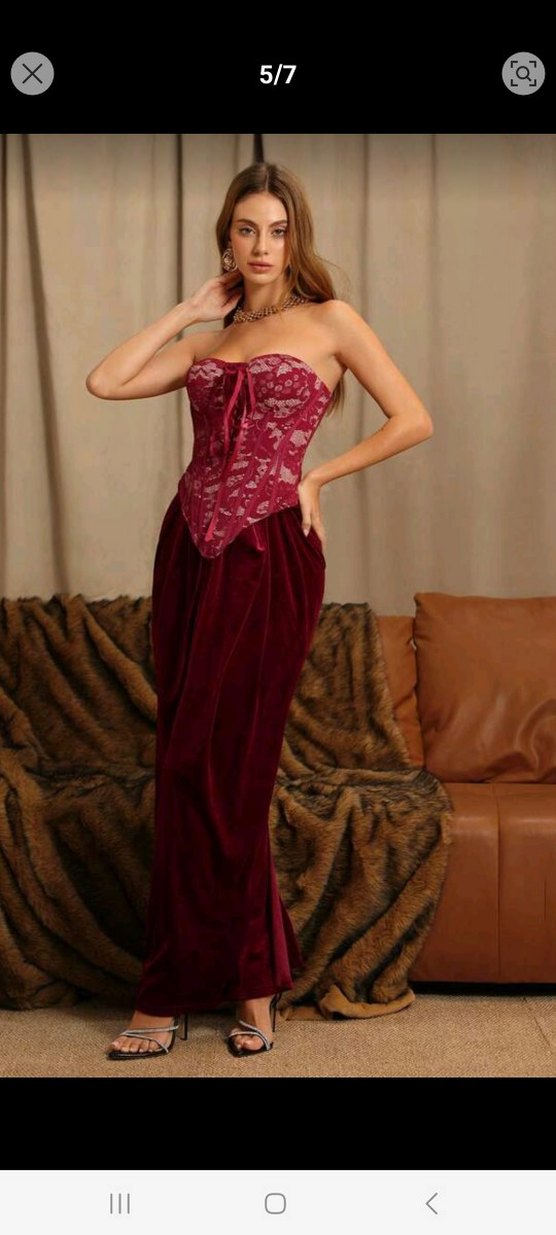 Bordo Straplez Dantel İşlemeli Korseli Vintage Elbise - Görsel 2