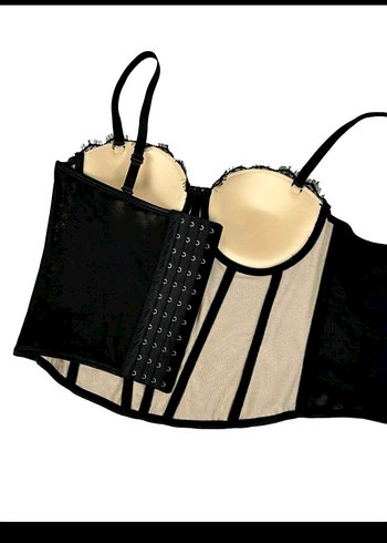 Dantel Detaylı Siyah Deri Straplez Büstiyer - Görsel 6