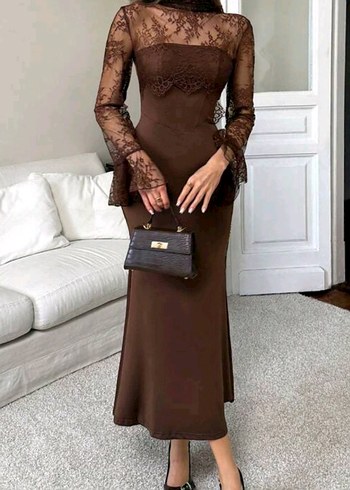 Kahverengi Transparan Uzun Kollu Uzun Elbise - Görsel 5