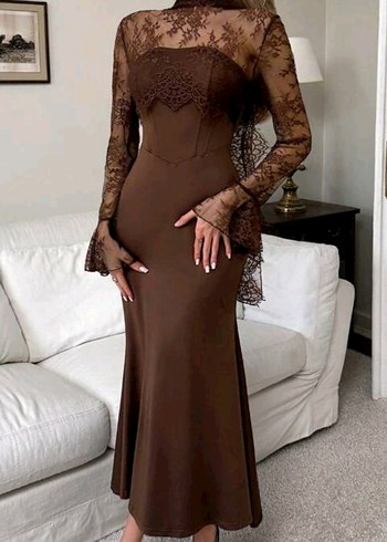 Kahverengi Transparan Uzun Kollu Uzun Elbise - Görsel 4