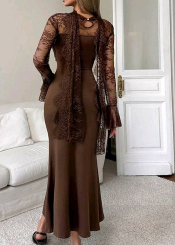 Kahverengi Transparan Uzun Kollu Uzun Elbise - Görsel 3